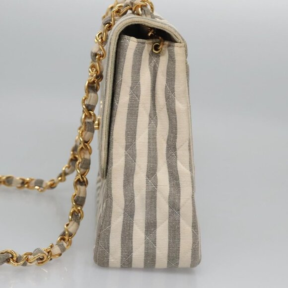 CHANEL Striped Matelasse Chain Shoulder Bag Canvas White Gray CC Auth - Picture 13 of 16